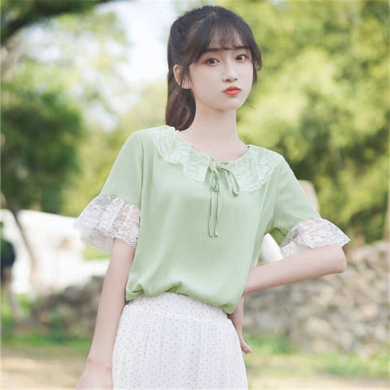 2026夏季新款短袖t恤女学生蕾丝花边喇叭袖荷叶边半袖小清新上衣