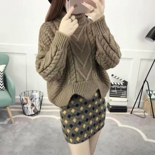 女/冬 套头不加绒学生高领宽松秋冬外套加绒韩版毛线粗短款毛衣加