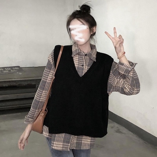 宽松格子衬衫 2025新款 两件套装 慵懒风针织马甲女背心 春秋季