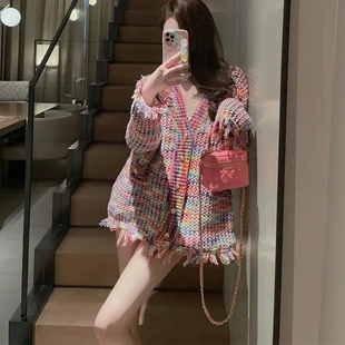 新款 潮2025 春秋法式 小香风彩色编织v领针织外套女设计感毛衣开衫