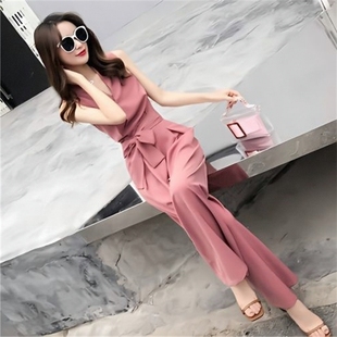 连体阔腿裤女网红夏新款时尚休闲V领修身连衣裤套装学生韩版2026