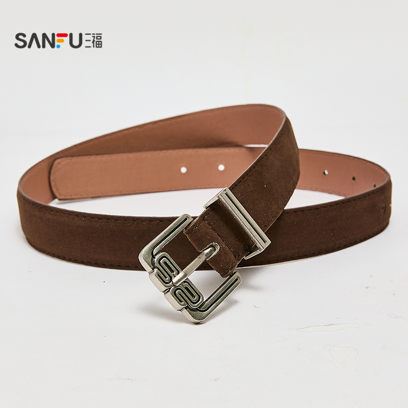三福女皮带2025游牧风方头女士皮带双车线包边搭配腰带512282