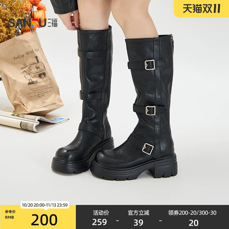 三福女靴复古摩登甜酷机车风边扣瘦瘦靴裸靴时尚女鞋862297