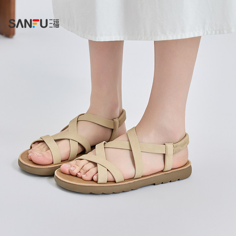 三福凉鞋夏季轻法假日度假风交叉松紧条带露趾薄底女鞋841721,女鞋,时装凉鞋,淘宝优惠券,粉丝福利购,淘宝优惠卷