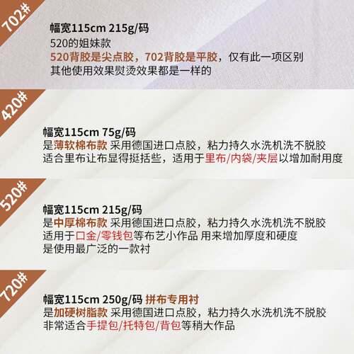 手工辅料台湾中统布衬软衬/树脂衬单面带胶520纯棉布衬型衬软衬