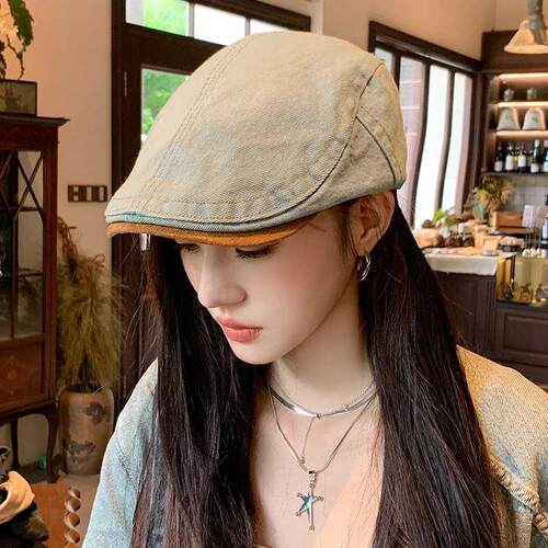 女士秋季洋气帽子高颜值水洗做旧牛仔前进帽秋冬英伦风复古帽子女