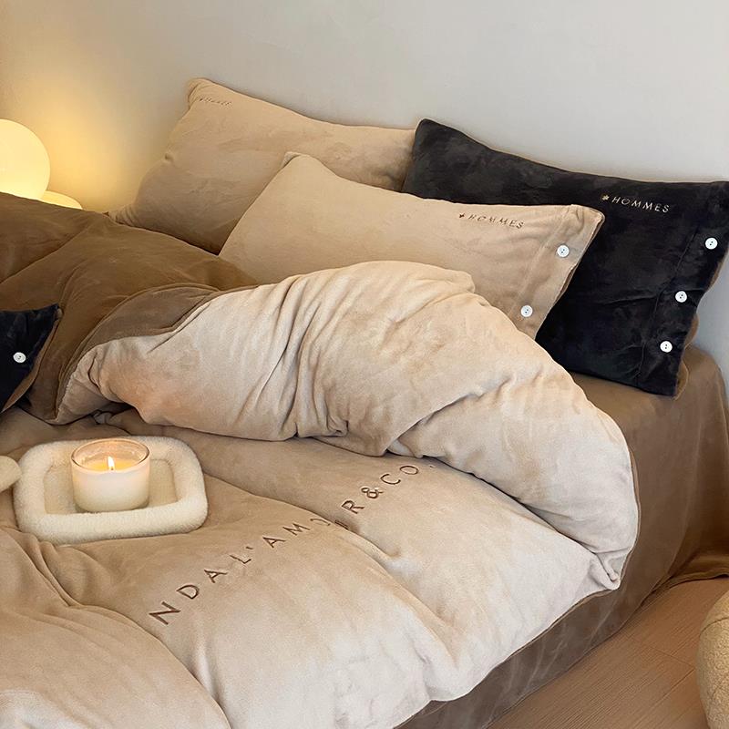 巨好看的四件套绒毛四件套牛奶绒ins纯色刺绣 冬季保暖珊瑚绒三4