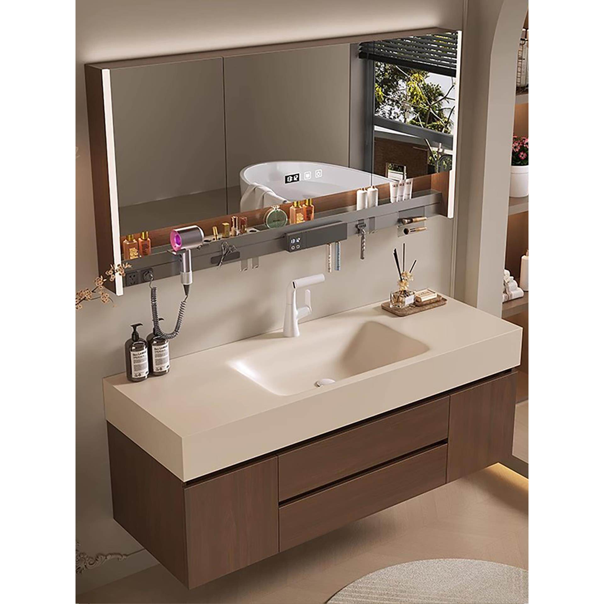 洗手间洗漱台一体盆酒店风浴室柜热弯中古风组合卫生间洗漱台洗手