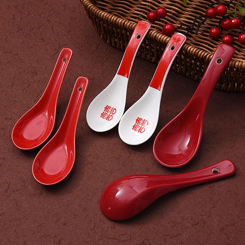 结婚陶瓷碗筷勺套装汤勺酒红色勺子女方喜陪嫁敬茶杯调羹婚庆用品