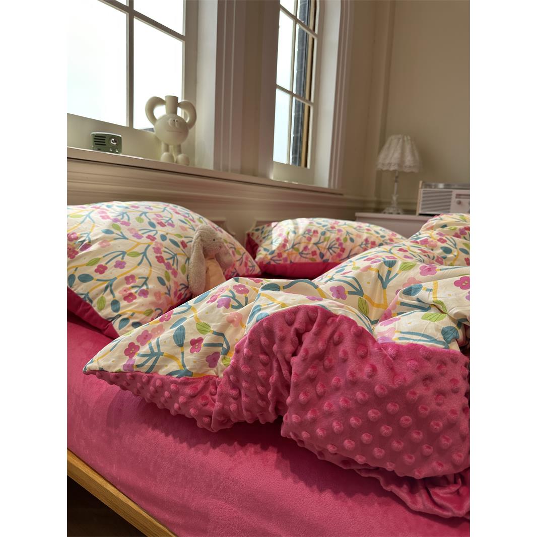 巨好看的四件套绒毛四件套牛奶绒美式田园保暖棉加豆豆绒碎花珊瑚