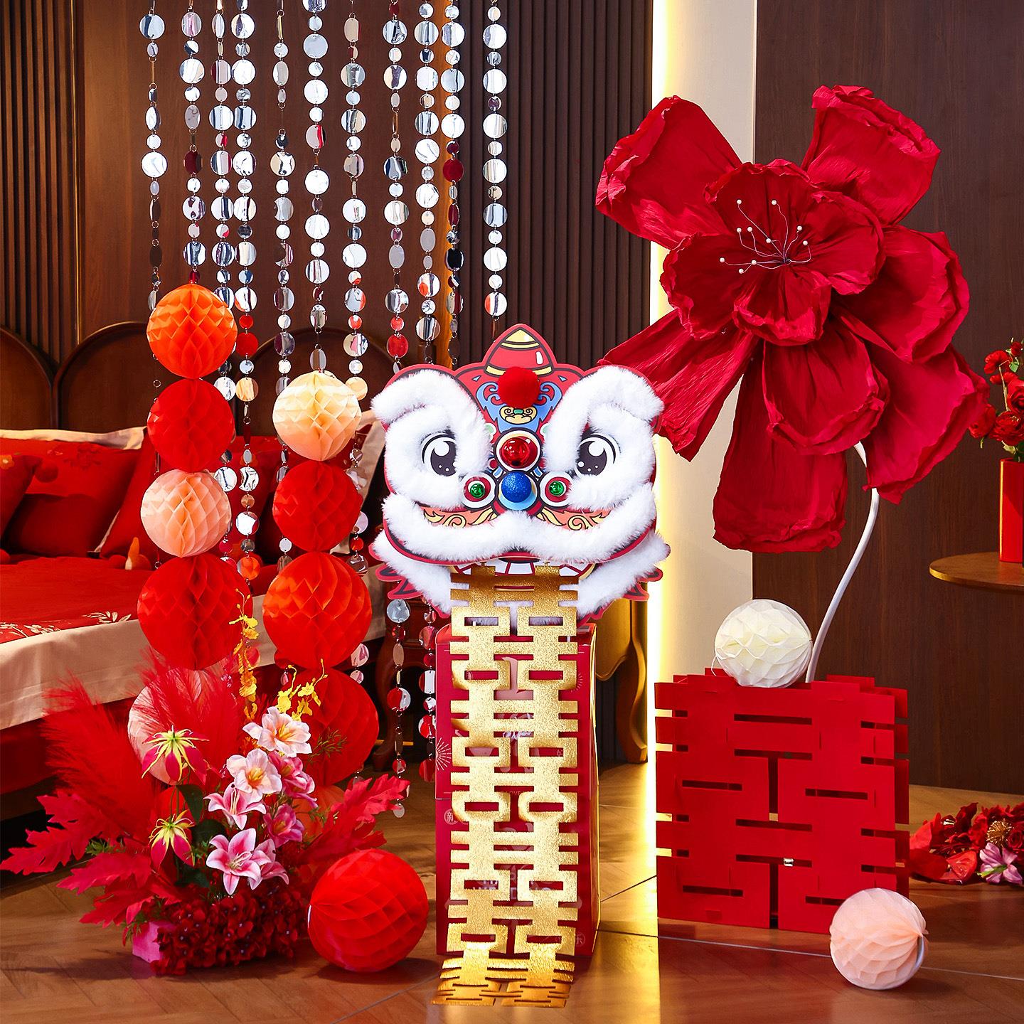 结婚装饰套装醒狮摆件狮子头婚房布置订婚礼新房客厅晨袍拍照道具