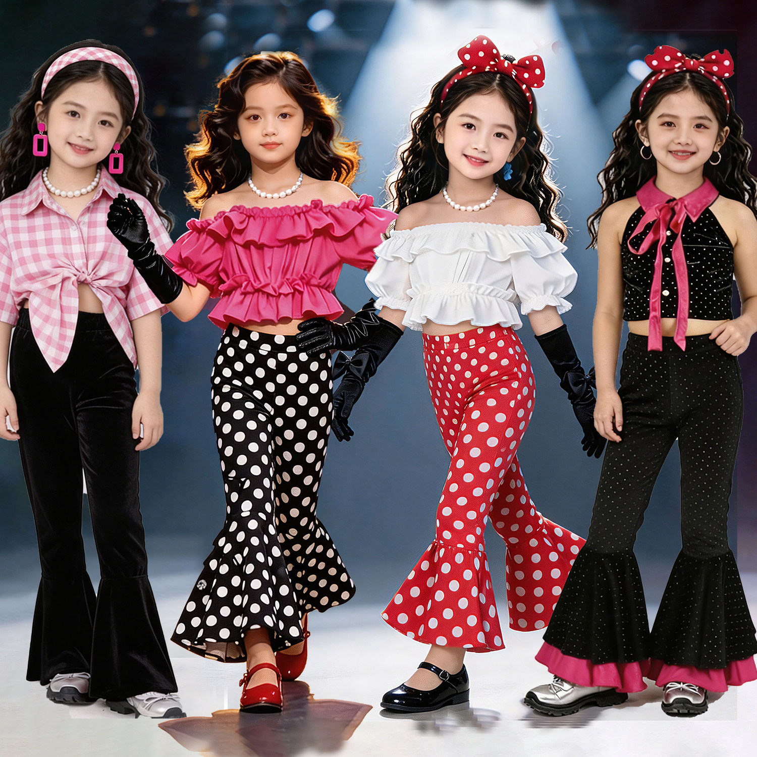 8090年代儿童演出服港风怀旧复古女童装幼儿园走秀表演套装喇叭裤