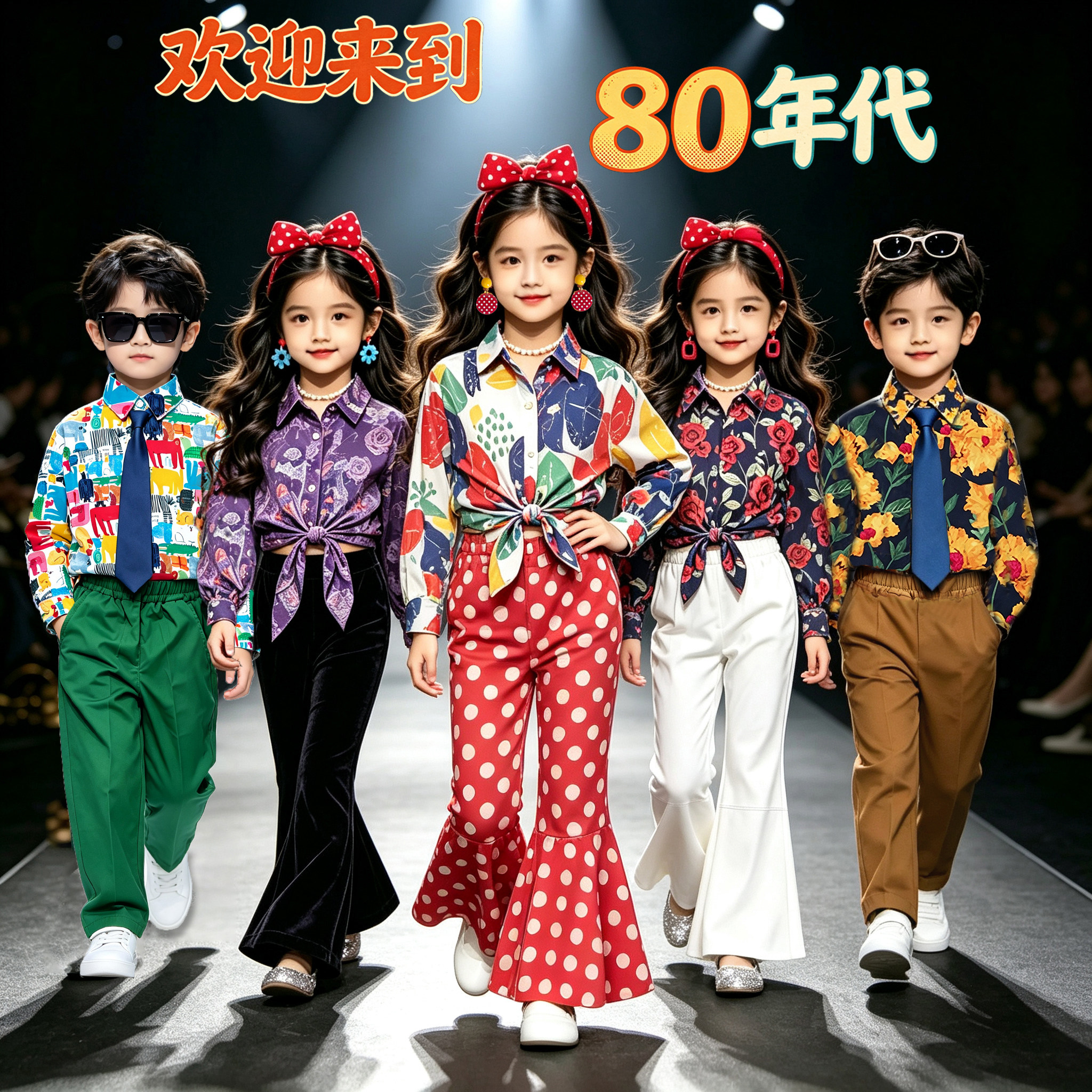 儿童复古港风演出服装8090年代喇叭裤走秀小学生运动会怀旧表演服