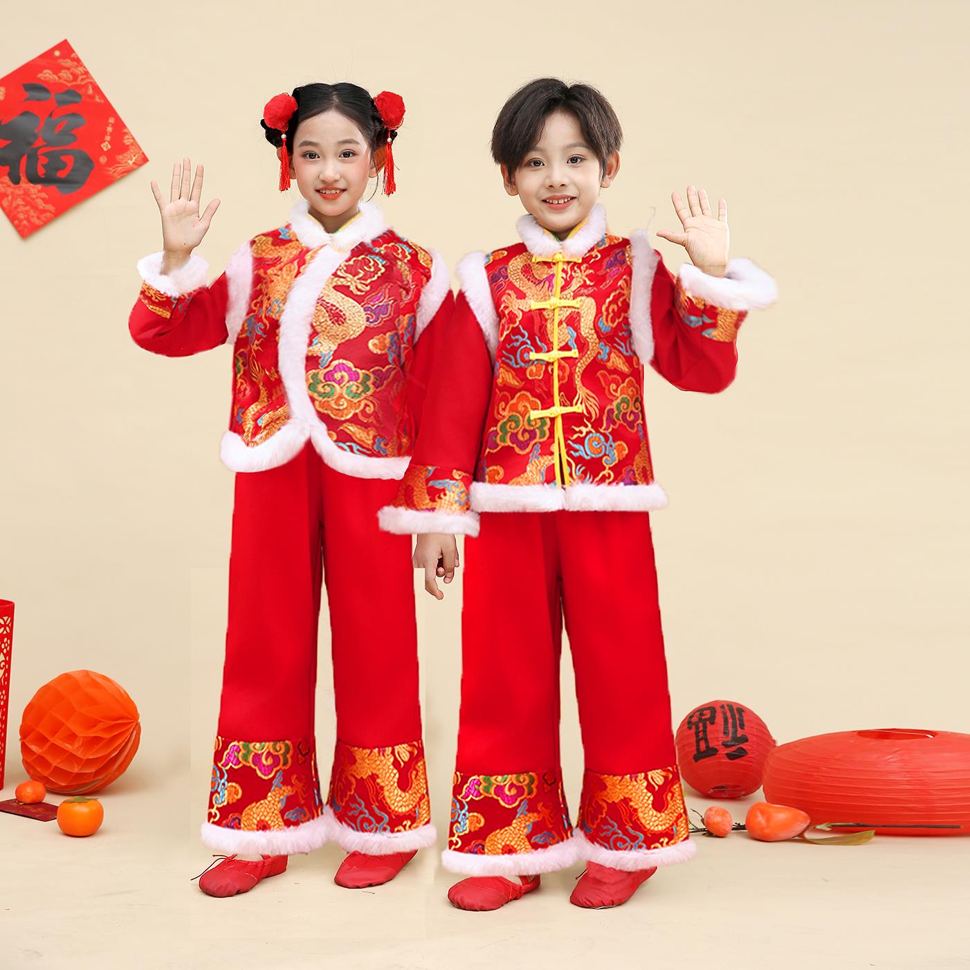 元旦儿童喜庆演出服装红色