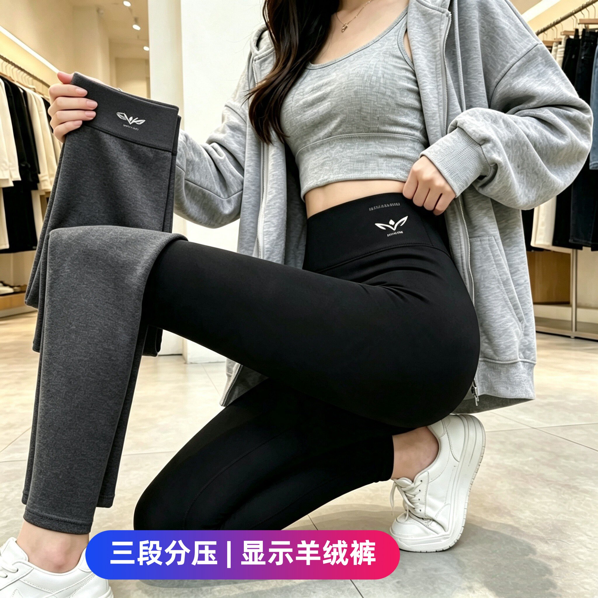黑灰色提臀打底裤高腰修身显瘦三段分压连裤袜秋冬加绒厚大码保暖