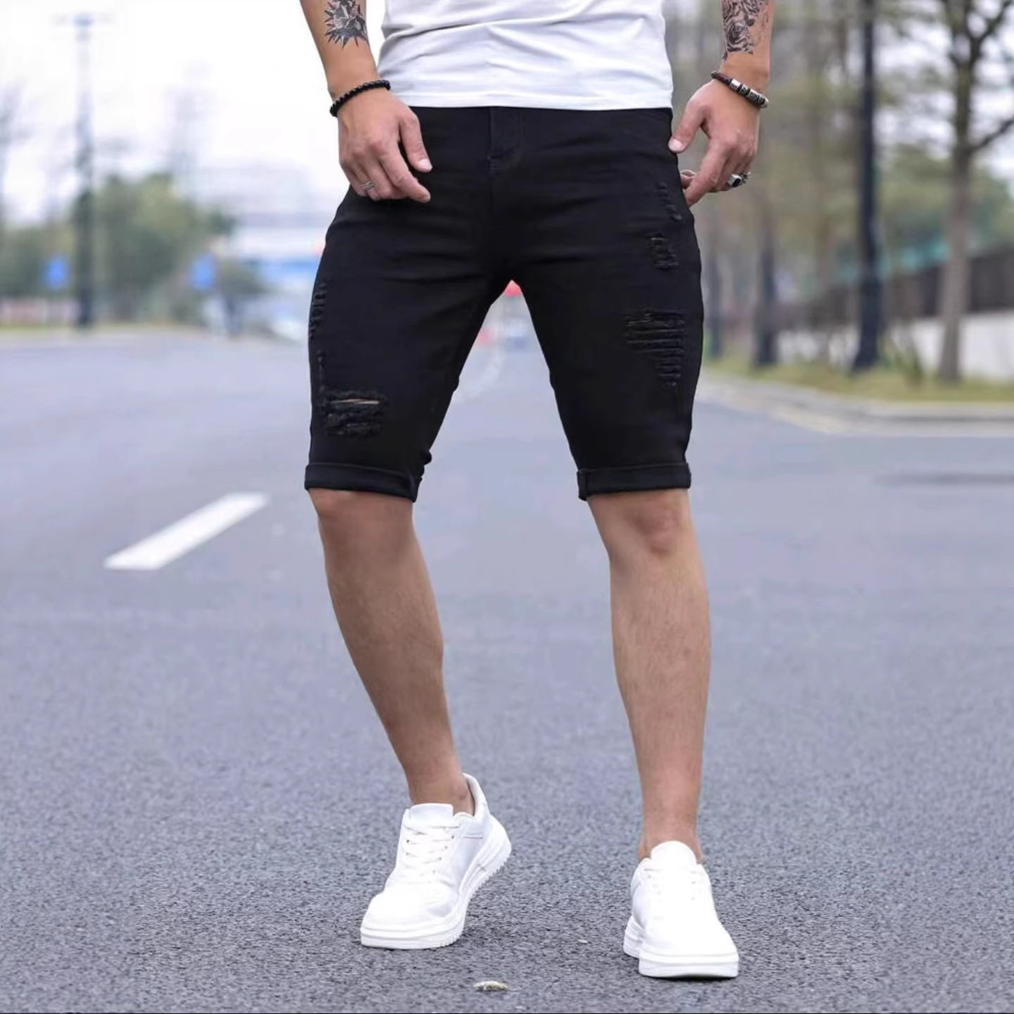 跨境夏款男士短裤外贸款破洞毛边漂白水洗新款牛仔美式薄款