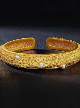 合金制品宫廷风团花锦绣手镯女款 镀金气质百搭花丝手环货源