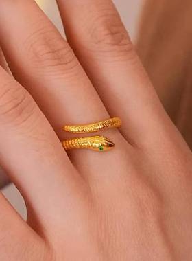 合金新款沙金灵蛇戒指 男女款设计时尚百搭气质ins开口蛇形指环