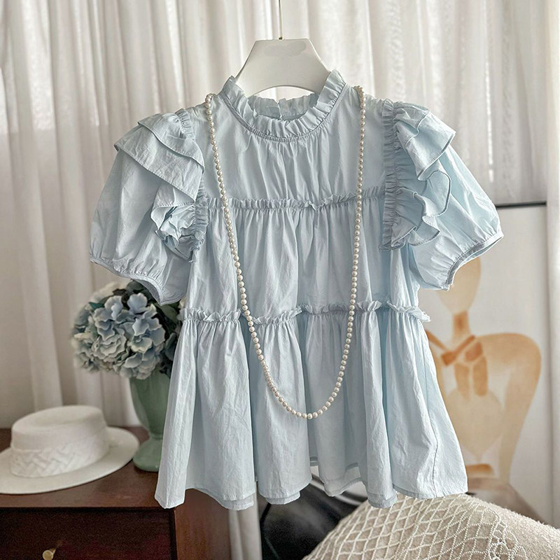 2024新款时尚女夏季设计感圆领木耳边拼接纯色宽松衬衫娃娃衫,女装/女士精品,衬衫,淘宝优惠券,粉丝福利购,淘宝优惠卷