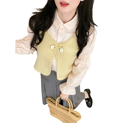 黄色马甲衬衫三件套装裙子春季
