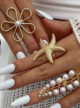 Exaggerated Metal Flower Starfish Pearl Rings for Women