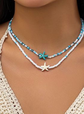 Bohemian Mixed Color Rice Beads Starfish Pendant Necklace