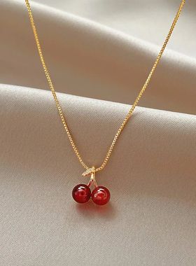 New Wine Red Cherry Gold Colour Pendant Necklace For Women