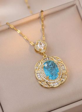 Luxury Ice Flower Big Oval Stone Pendant Chains Necklaces