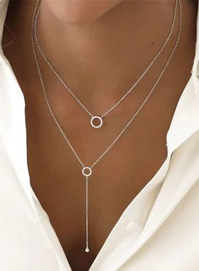 S925 Sterling Silver Double-Deck Circle Zircon Pendant Long