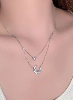 New 925 Sterling Silver Luxury Zircon Double Layer Moon