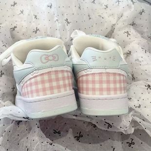 新款蓝粉色格子设计感面包鞋女小众运动防滑休闲鞋厚底增高滑板鞋