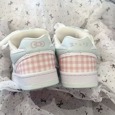 新款蓝粉色格子设计感面包鞋女小众运动防滑休闲鞋厚底增高滑板鞋