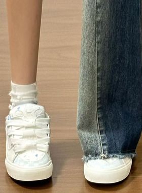 新款白蓝色拼接大舌头面包鞋女ins潮百搭复古滑板鞋小众休闲鞋子