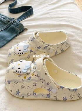 原创白蓝色小猫印花设计洞洞鞋女ins外穿卡通单鞋防滑耐磨凉拖鞋