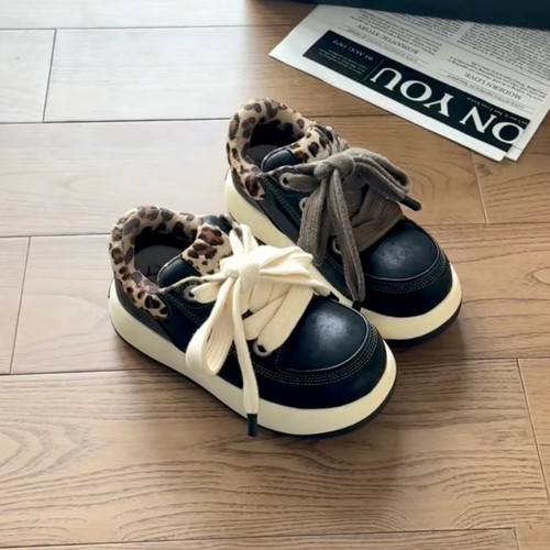 新款黑豹纹丑萌大头面包鞋女chic复古小众运动鞋厚底增高大头鞋子