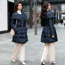 假两件羽绒服斗篷中长款披肩排骨腰带修身显瘦风衣款白鸭绒上衣女