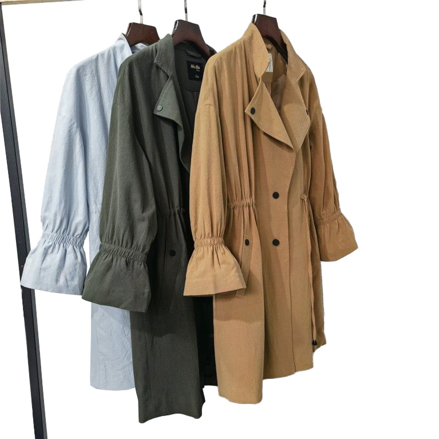 全棉立翻领抽绳系带高腰女宽松显瘦纯色九分喇叭袖外套中长款风衣