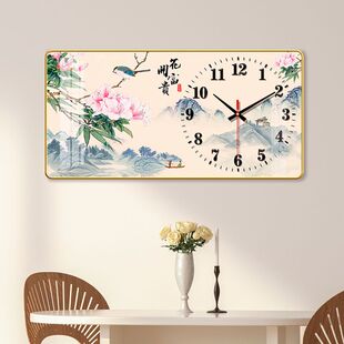客厅挂钟挂墙装饰画家用餐厅挂画钟表晶瓷旺宅免打孔表钟静音走时