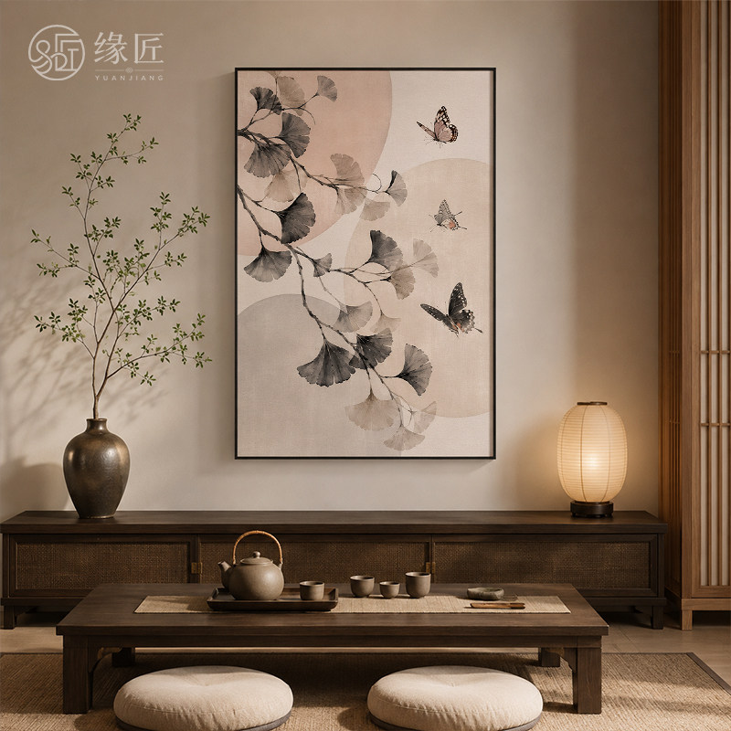 《银杏》新中式轻奢风粉调工笔银杏装饰画书房玄关静谧竖版挂画