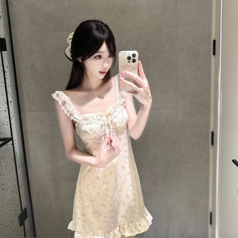 蜜糖心语法式甜美兔子可爱睡裙带胸垫性感小飞袖花边蛋糕睡衣