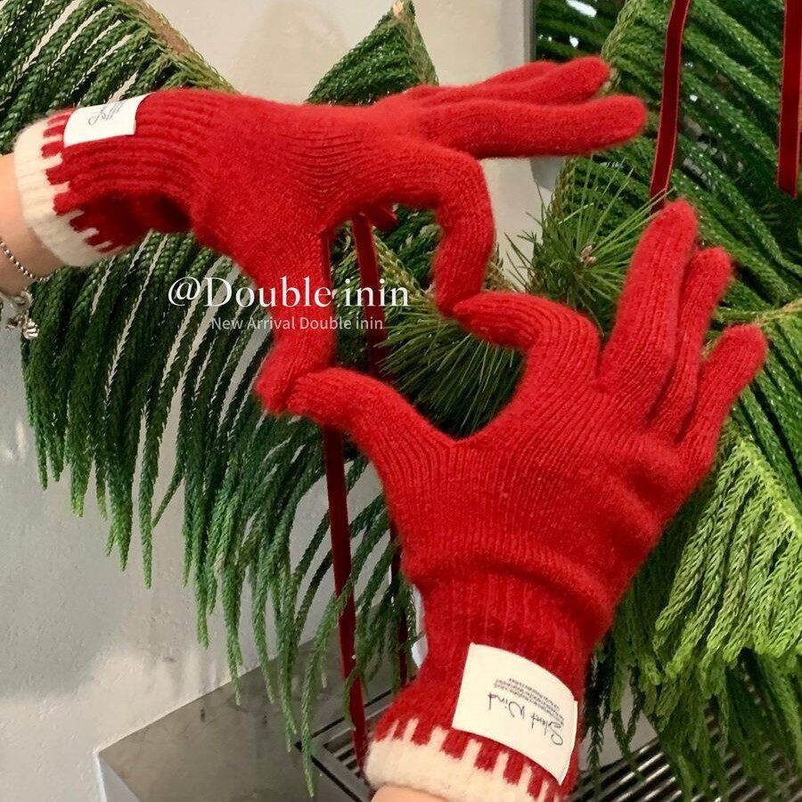含羊毛圣诞红色针织手套女士冬季新款加厚防寒保暖骑行分指可触屏