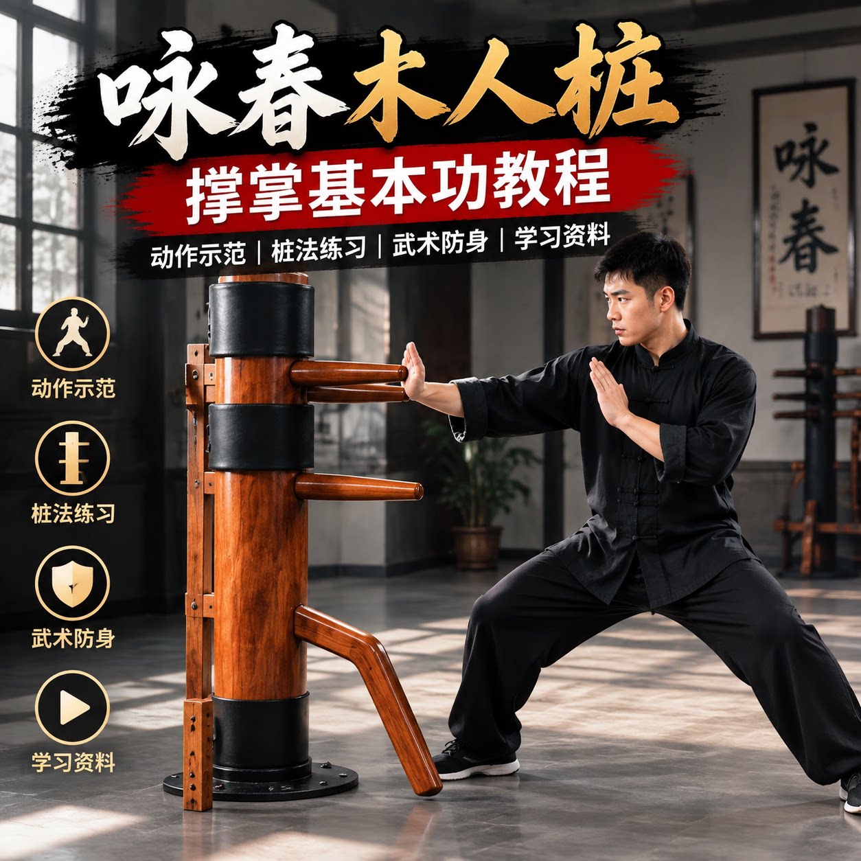 咏春木人桩撑掌基本功教程动作示范桩法练习武术防身学习资料