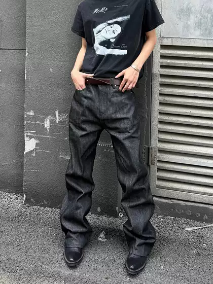 CGG Vintage American Retro Raw Denim Flared Jeans for Men, Casual Loose Straight-Leg Floor-Length Pants