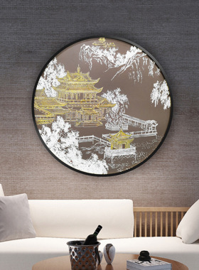 新中式玄关装饰画酒店圆形宫廷建筑挂画浮雕肌理立体金箔工艺画