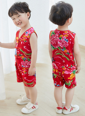 东北大花布衣服宝宝套装2021新款夏季民族风背心儿童嘻哈潮流套装