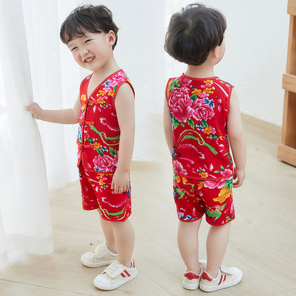 东北大花布衣服宝宝套装2021新款夏季民族风背心儿童嘻哈潮流套装