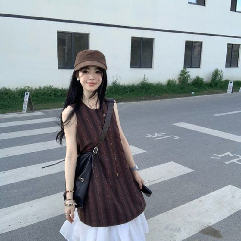 气质美拉德条纹蕾丝气质小众拖地阔腿裤2025夏季女棕色连衣裙