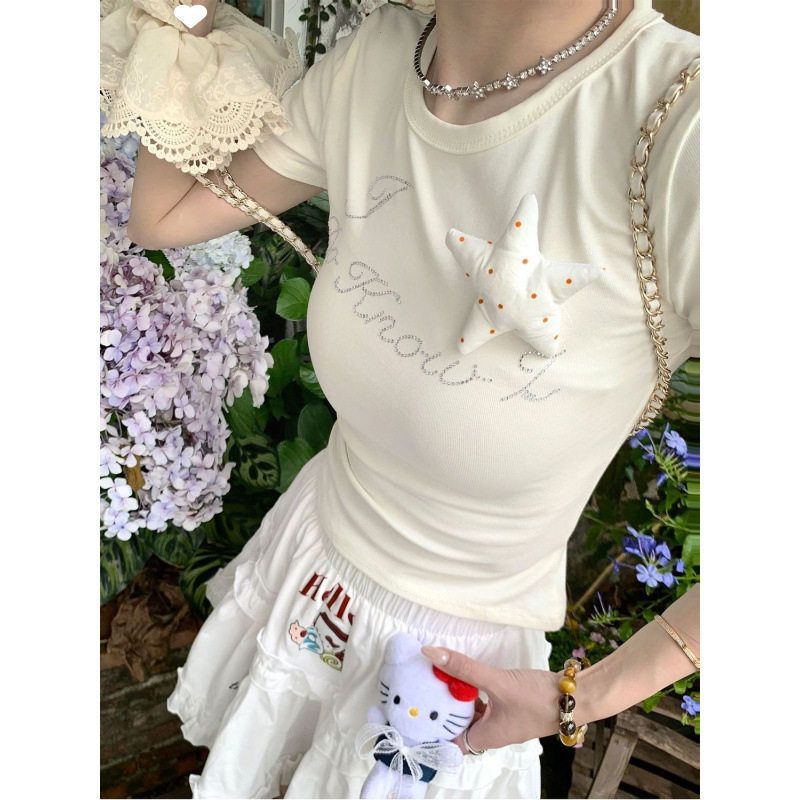 白色烫钻正肩短袖t恤女夏季设计感辣妹修身显瘦短款小飞袖上衣夏
