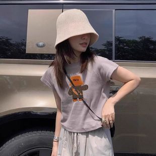 上衣ins潮 正肩短袖 t恤女夏2025新款 多巴胺穿搭小熊印花短款 小飞袖