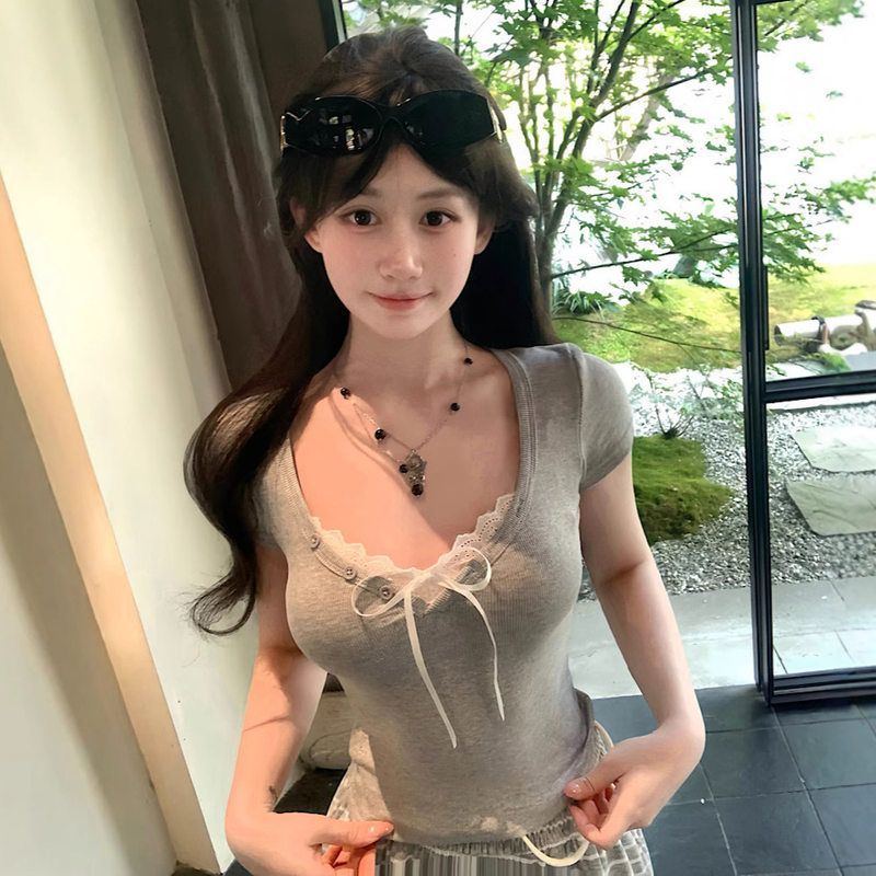 假两件纯欲风拼接蕾丝花边短袖T恤女蝴蝶结收腰显瘦白色短上衣潮